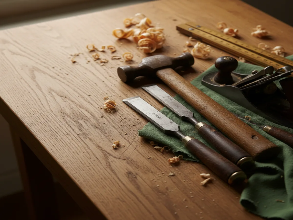 Carpentry hand tools on a craftsman workbench