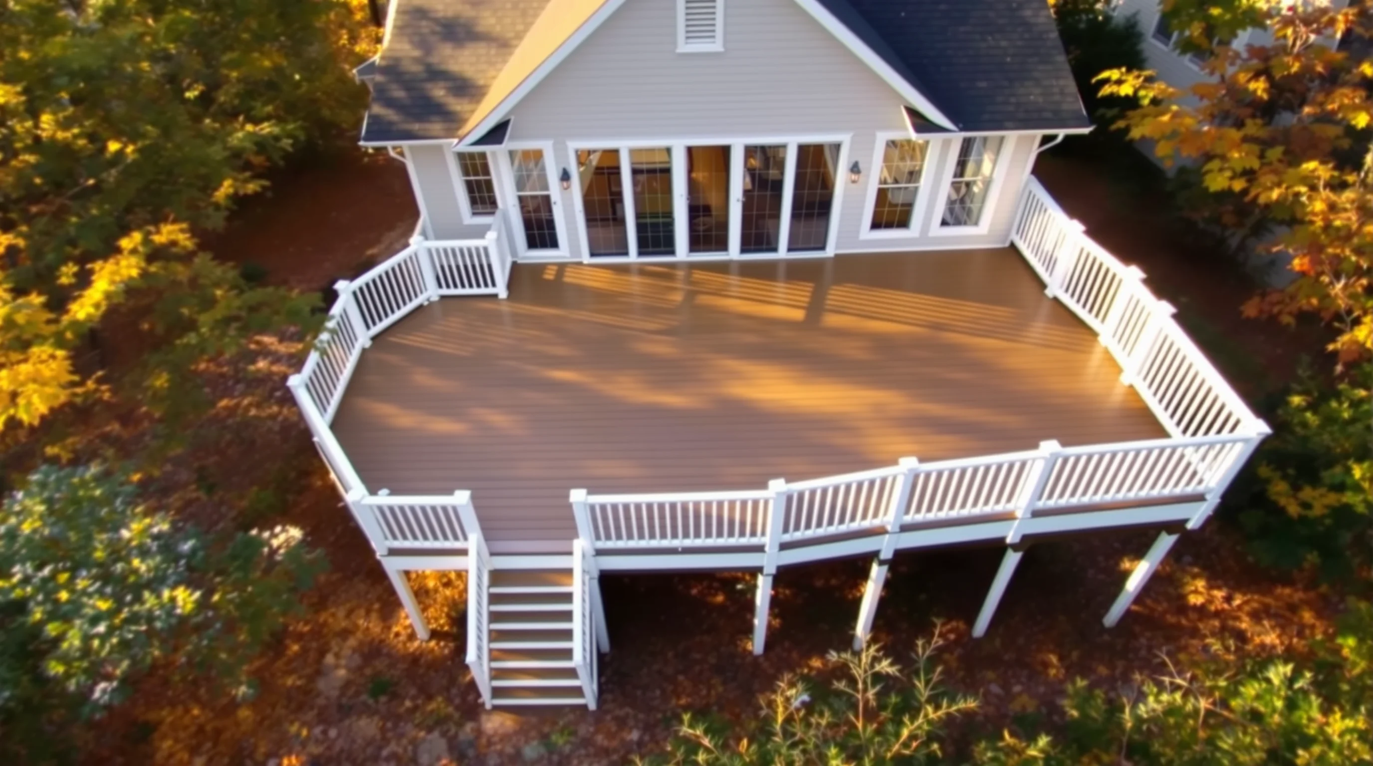 Aerial view of composite deck with white railing on Virginia craftsman home surrounded by autumn foliage