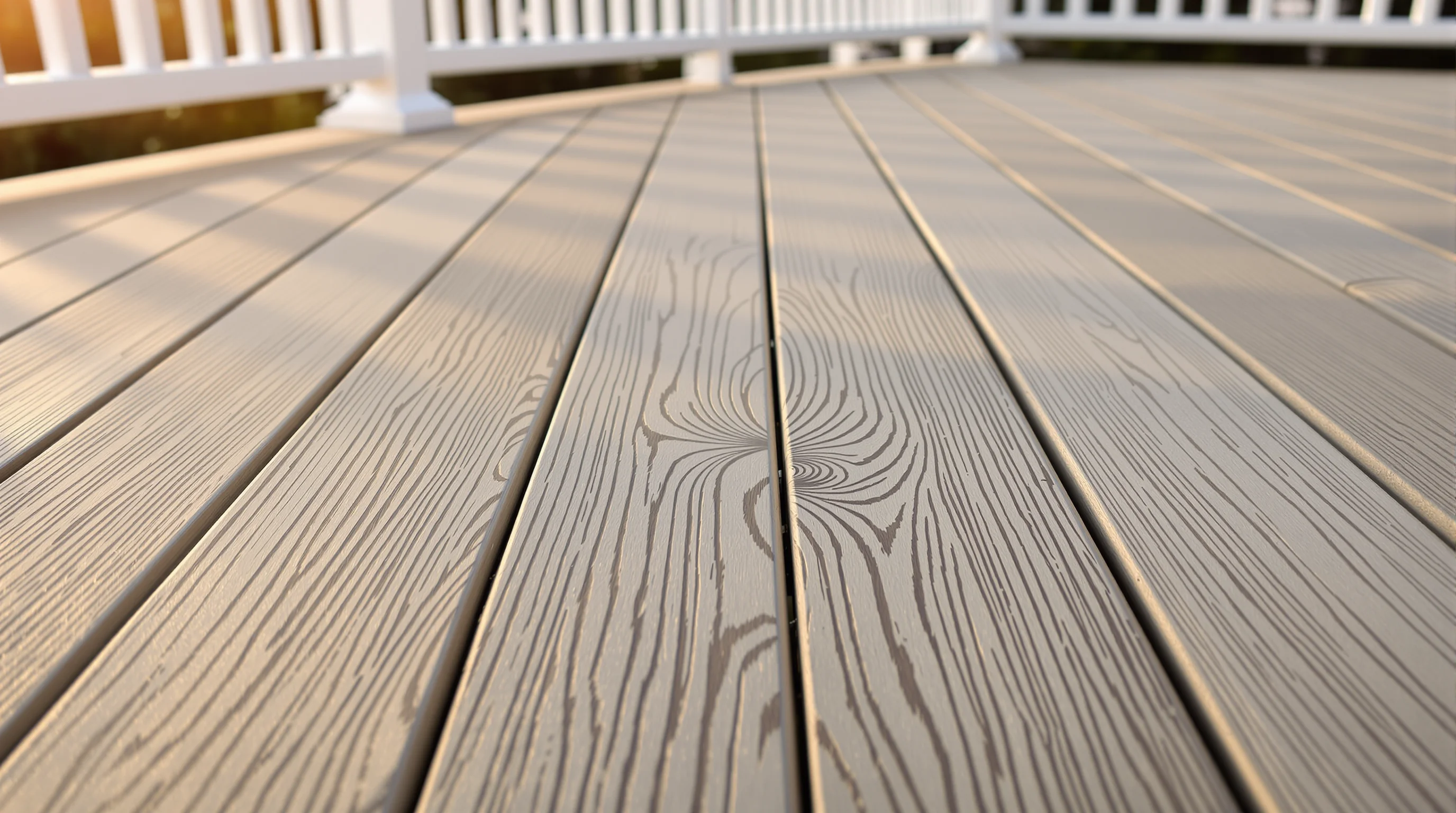 Close-up of composite deck boards showing wood-grain texture and clean installation, white railing posts