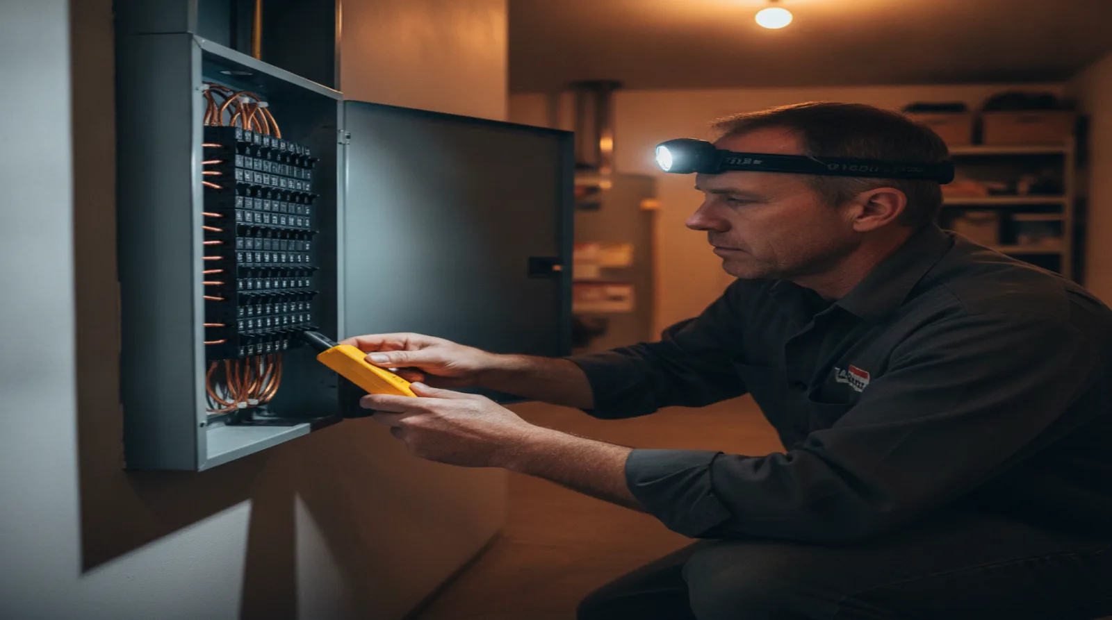 Licensed electrician testing a breaker with a non-contact voltage tester at an open residential panel in a Virginia basement