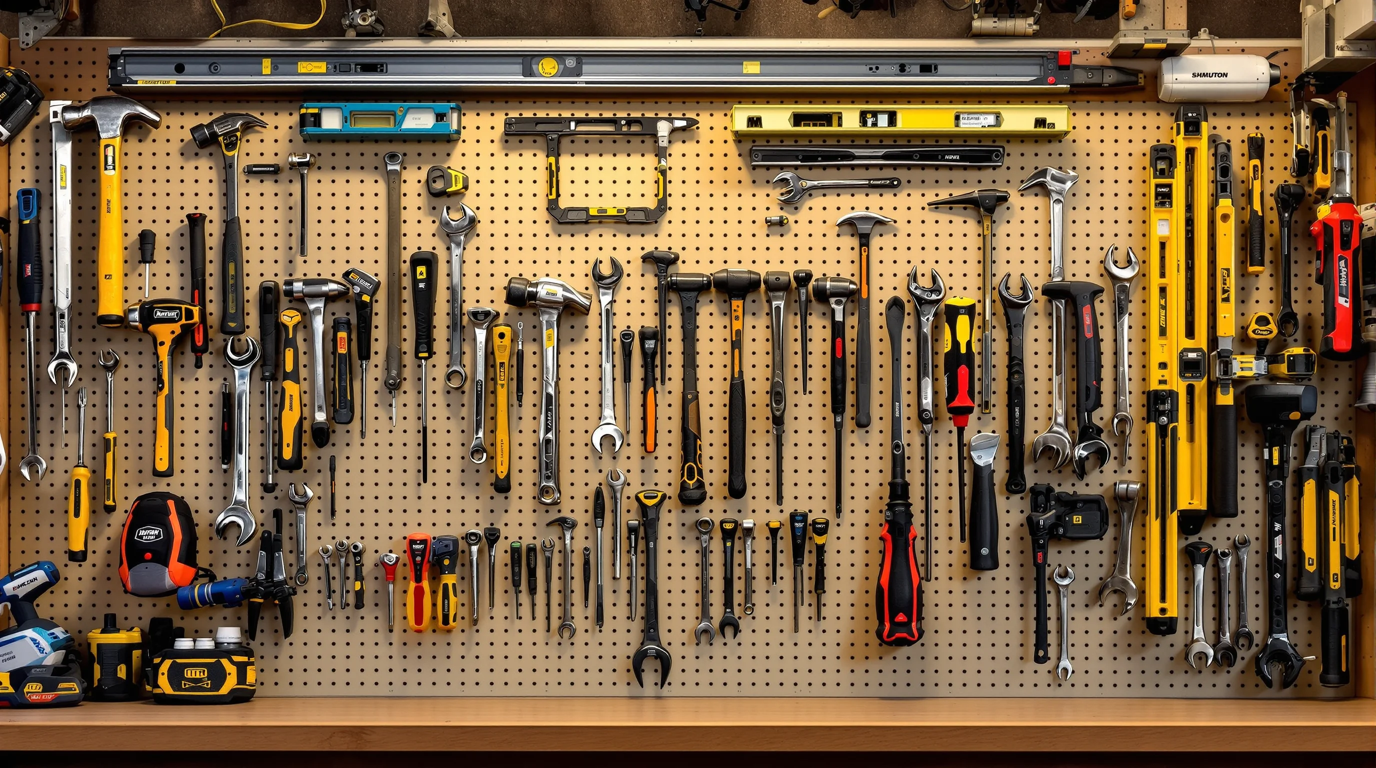 Pegboard wall with organized hand tools — hammers, wrenches, screwdrivers, levels