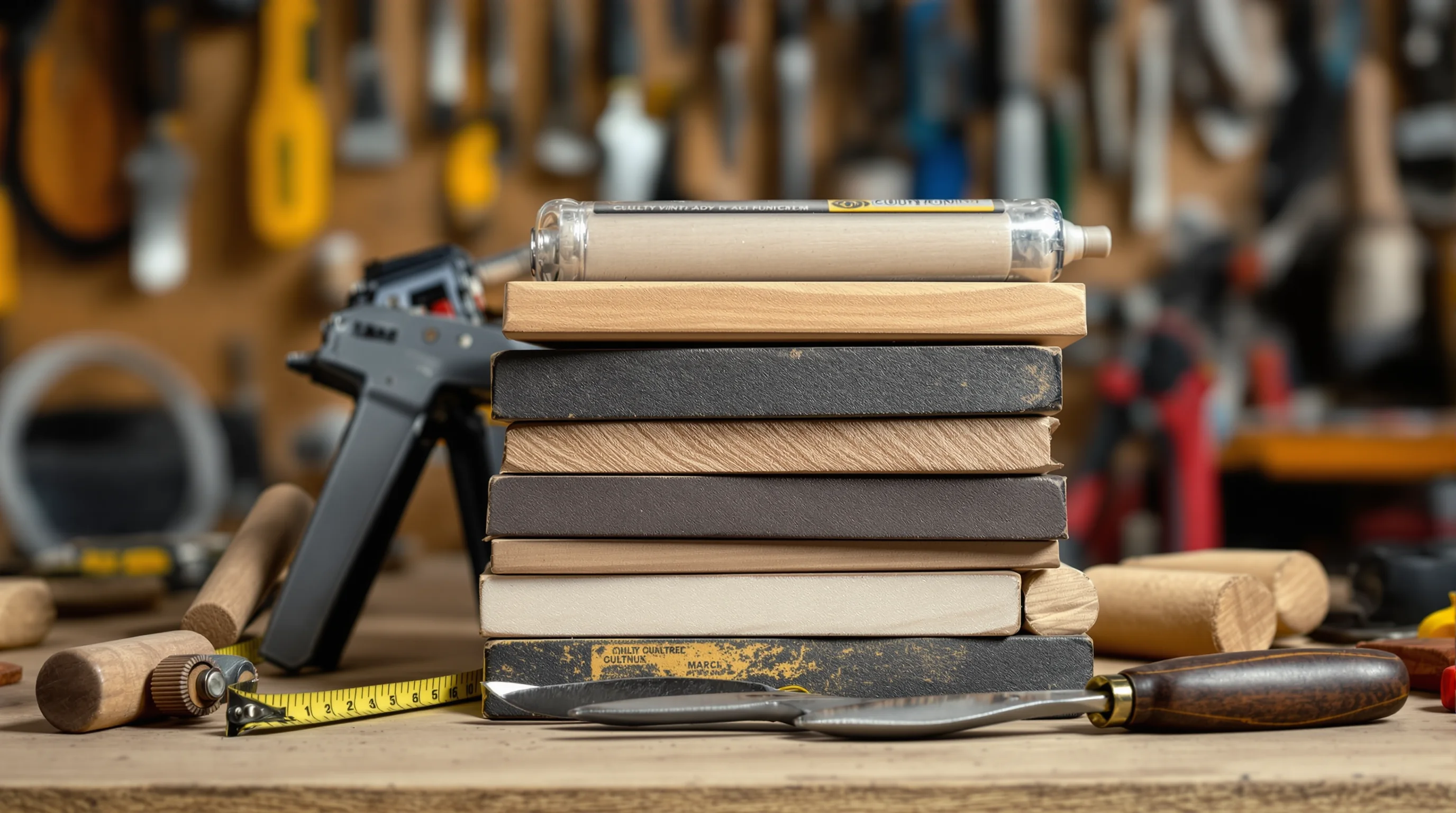 Workshop bench with stacked wood samples, caulk gun and carpentry tools