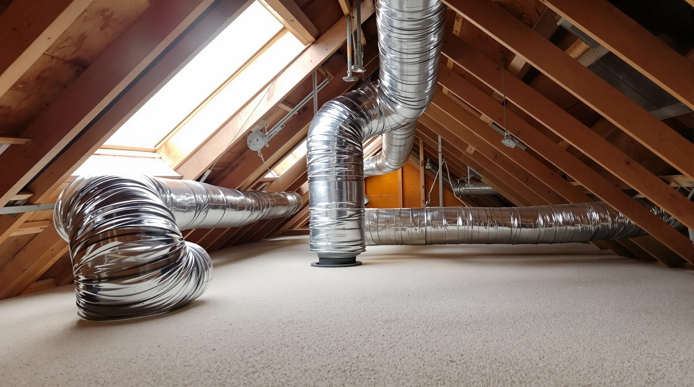 Attic ductwork with silver flex ducts routed through insulated space