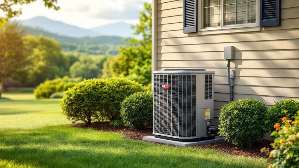 Residential heat pump condenser unit beside a Virginia home with Blue Ridge mountains backdrop