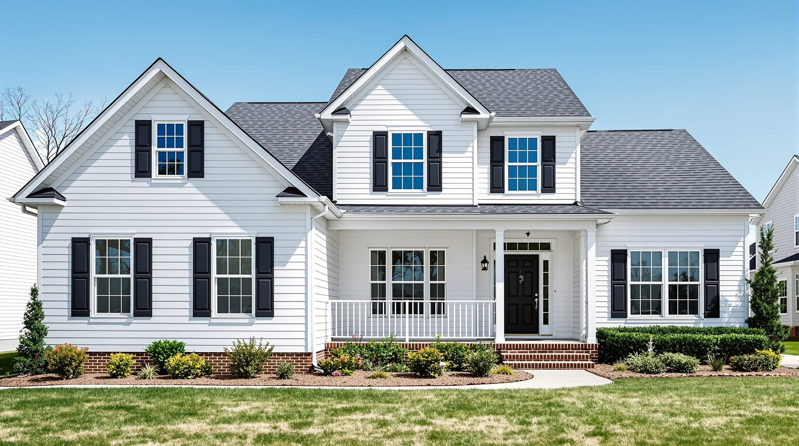 White craftsman home with fiber cement lap siding and dark shutters, Blue Ridge foothills in background