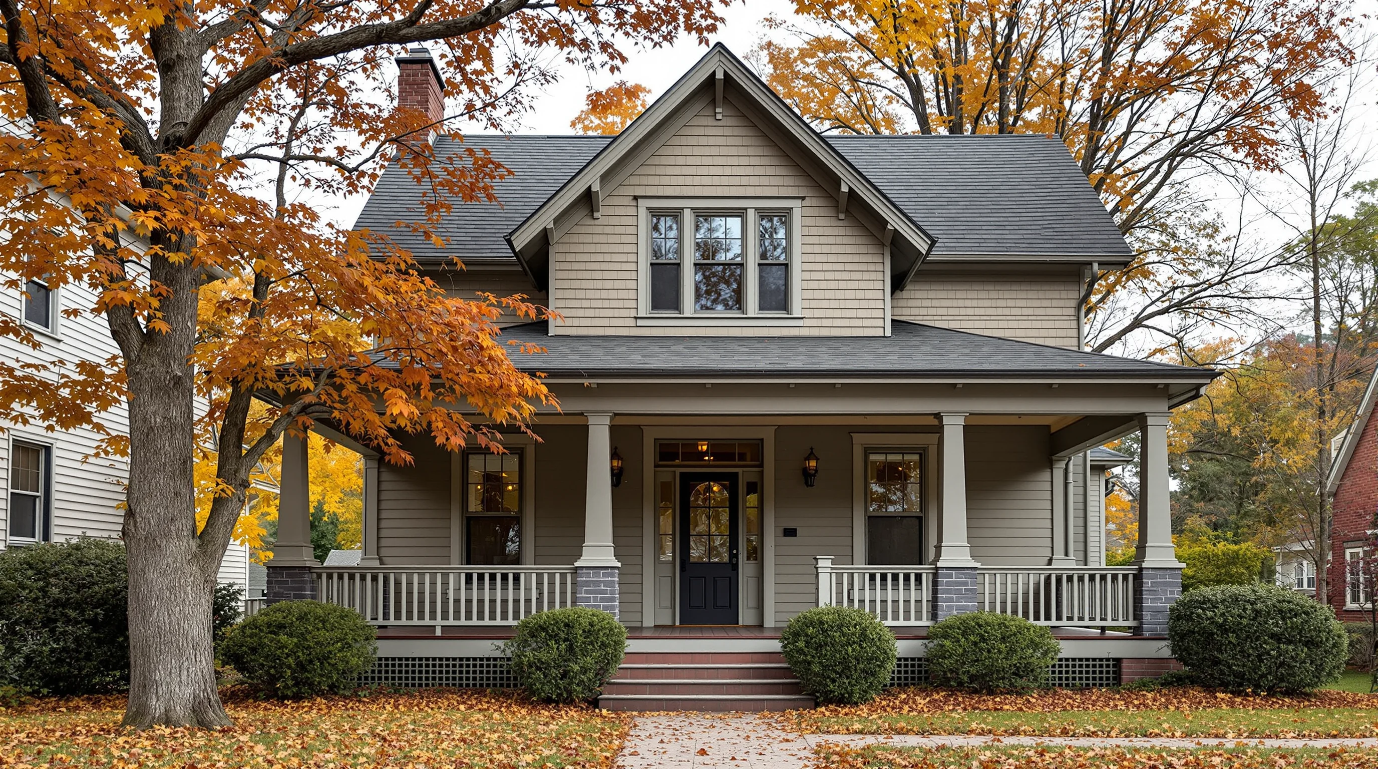 Craftsman home with khaki lap siding under autumn hardwood trees in central Virginia