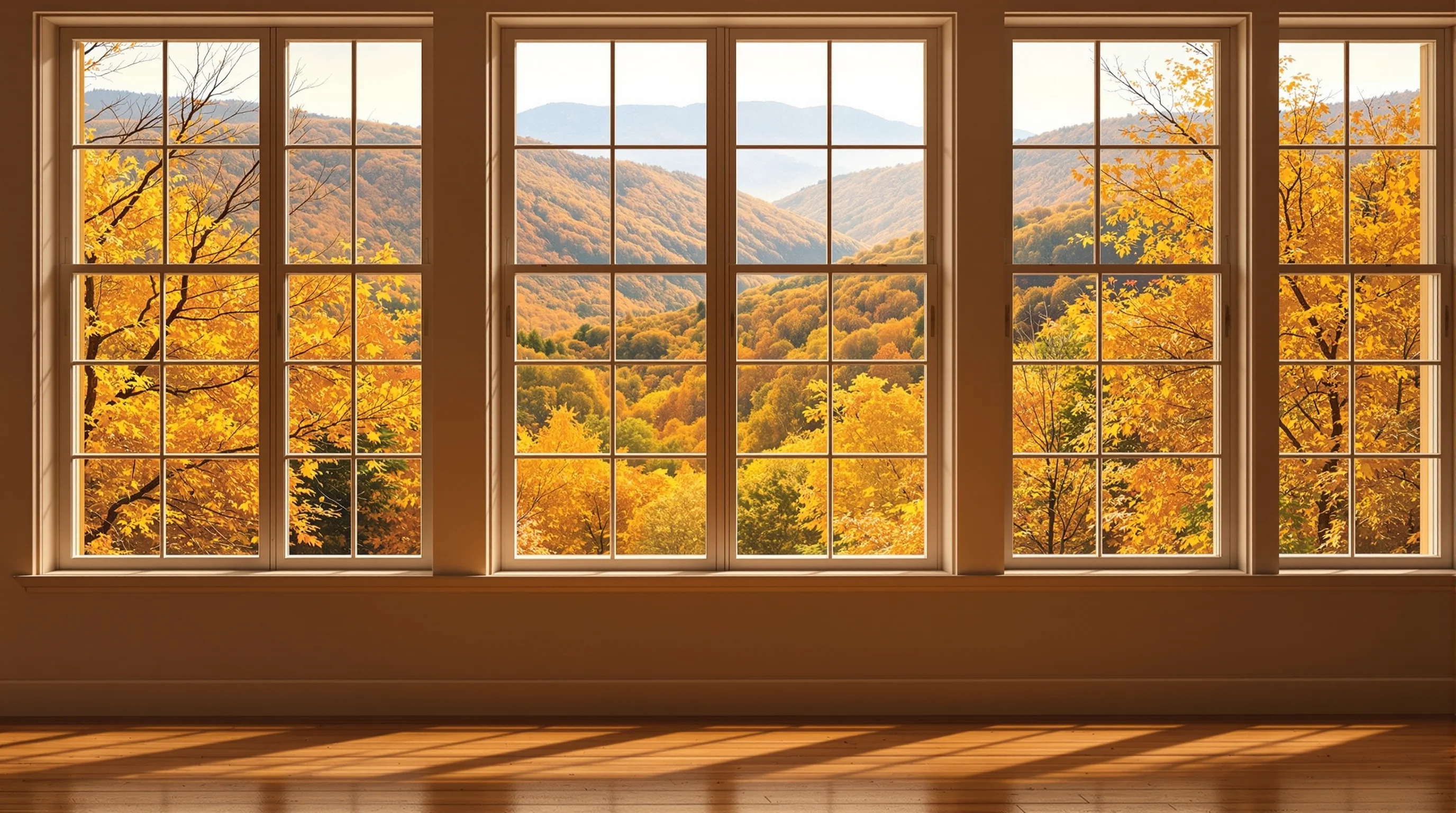Interior view through double-hung windows showing Blue Ridge mountain autumn landscape