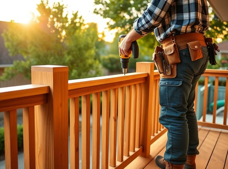 Carpenter hammering nails into deck railing