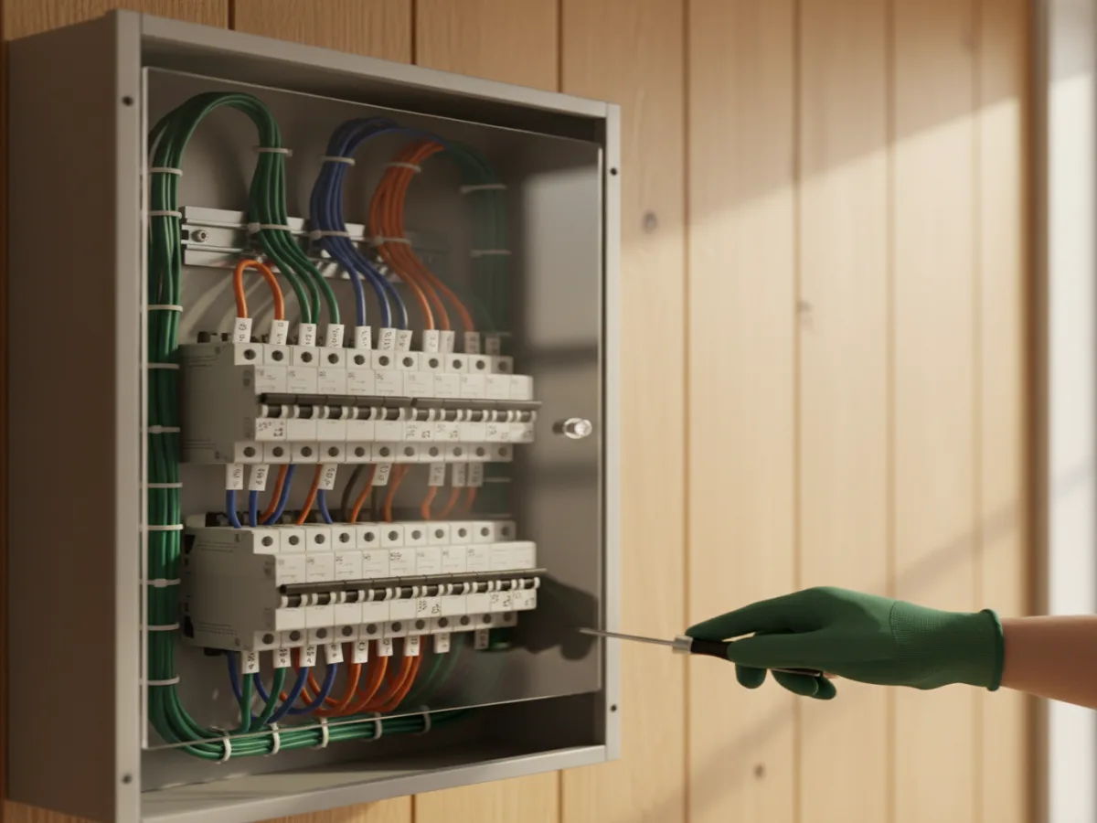 Modern residential electrical breaker panel with labeled circuits