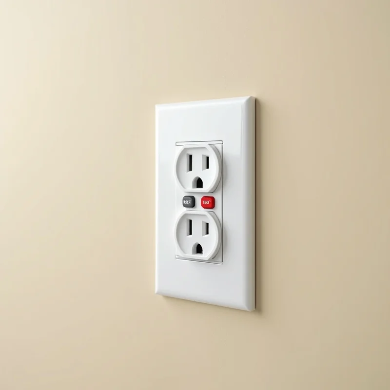 GFCI safety outlet with TEST and RESET buttons installed in kitchen wall