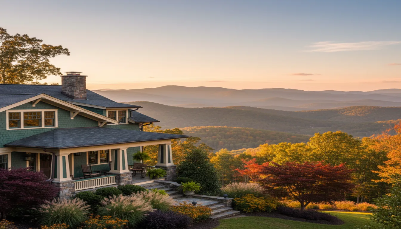 A craftsman home overlooking the Blue Ridge Mountains near Lynchburg, Virginia at golden hour