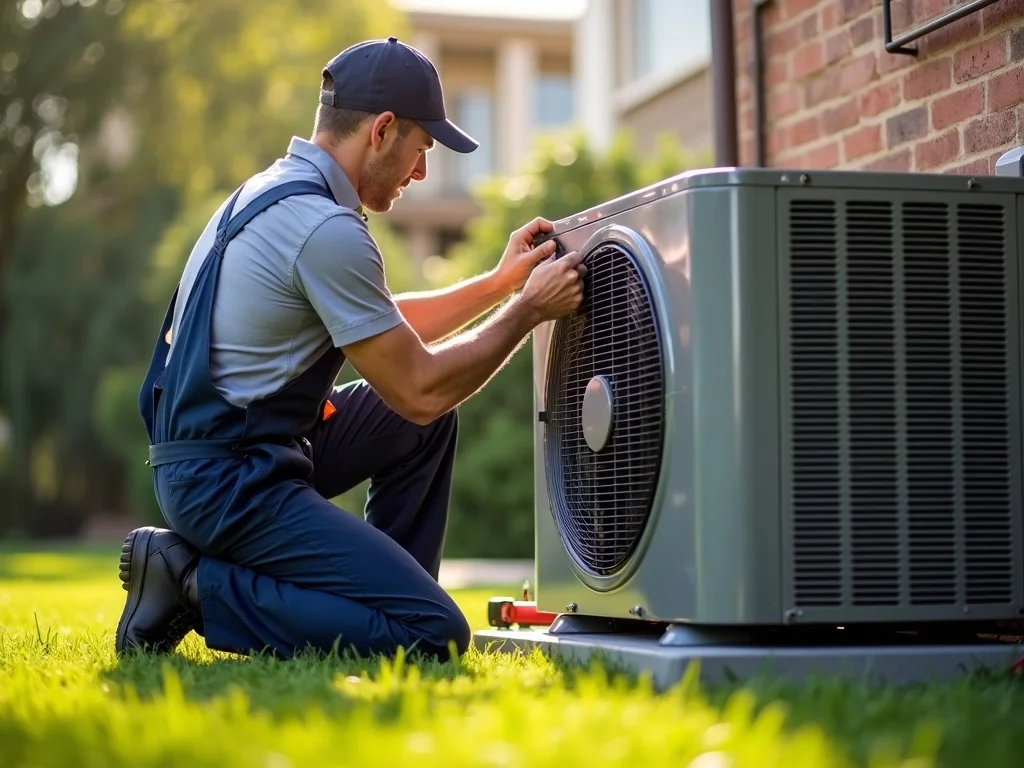 HVAC technician servicing outdoor heat pump unit