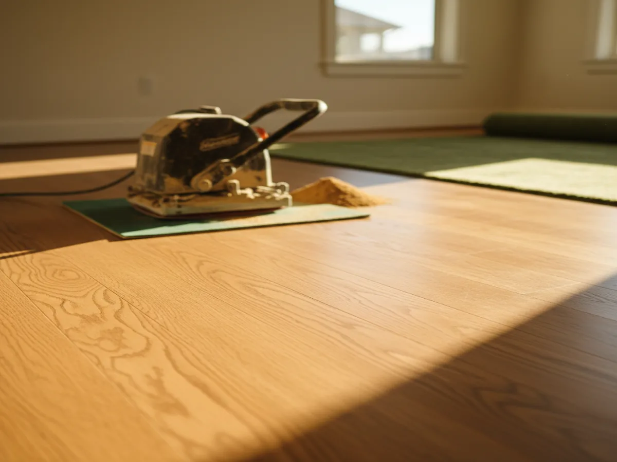 Freshly refinished hardwood floor in a bright living room